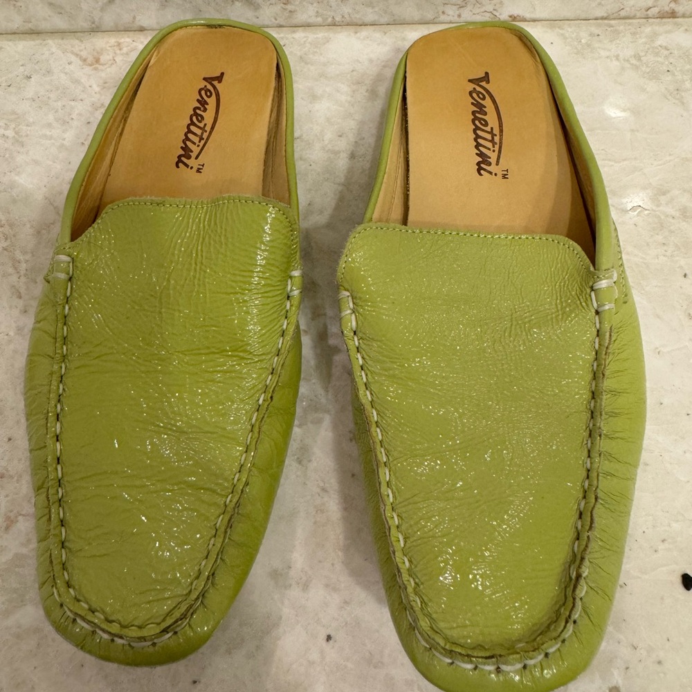 Green open back loafers